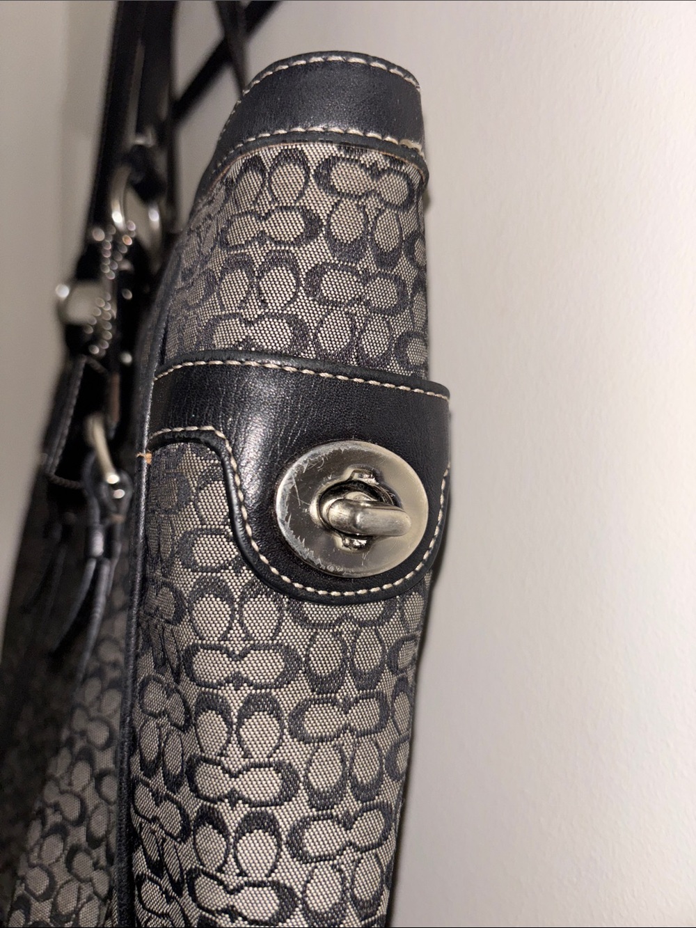 Coach Black and Gray Jacquard Tote with Leather Trim - Picture 3 of 7